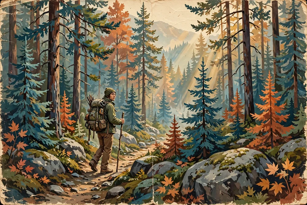 Illustration of a prospector with a backpack and walking stick on a forest trail in the Whiteshell, glancing back over his shoulder