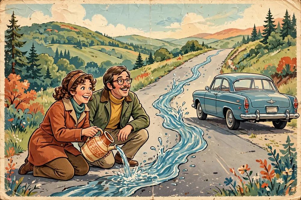 Illustration de voyageurs qui versent de l'eau sur la route de la Côte magnétique et la regardent sembler couler vers le haut