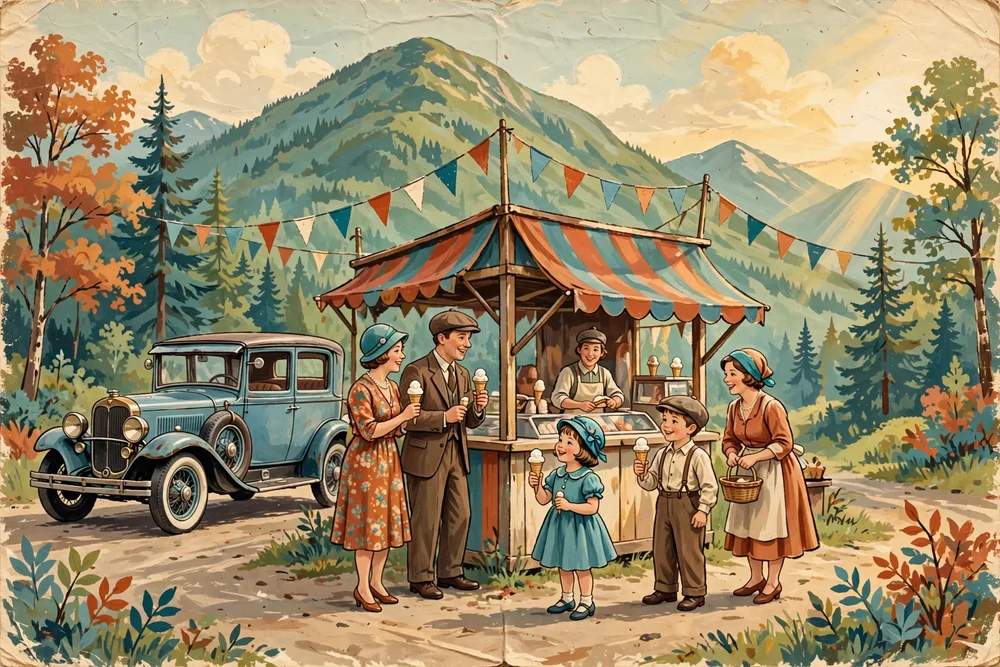 Illustration d'un stand de crème glacée routier des années 1930 au pied d'une montagne verte, avec une voiture de tourisme d'époque