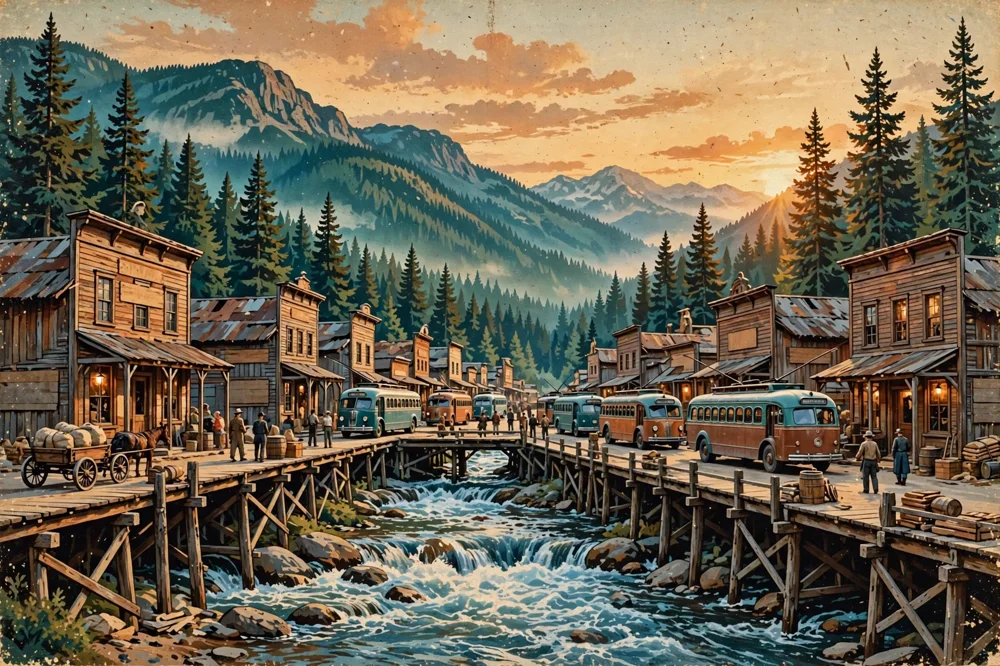 Illustration of Sandon's main street built over a creek, with its fleet of vintage trolley buses