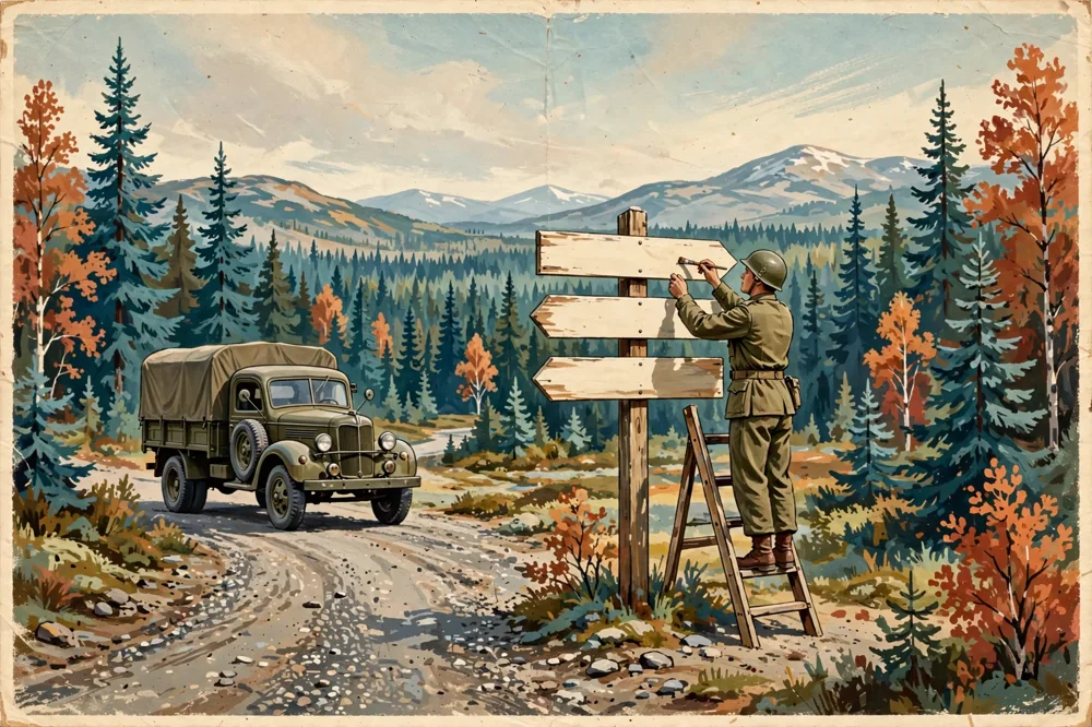 Illustration d'un soldat de 1942 sur une échelle, ajoutant une planche à un poteau indicateur solitaire, à côté d'un camion de guerre