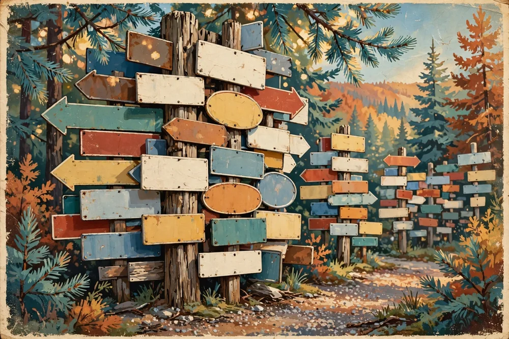 Illustration d'un seul poteau chargé de panneaux colorés vierges dans une lumière de forêt tamisée