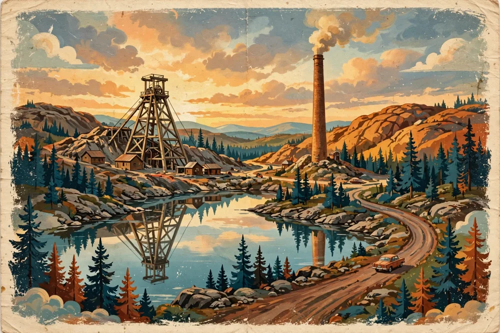 Illustration of a northern Ontario mining landscape — headframe, tall smokestack, lake and winding road