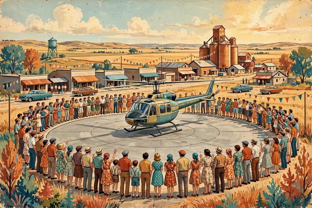 Illustration d'un hélicoptère se posant sur la piste d'atterrissage en 1967, devant une foule en vêtements des années soixante