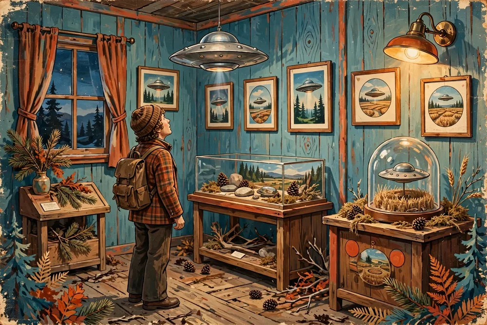 Illustration de la salle d'exposition sur les ovnis, avec des photographies de soucoupes volantes encadrées aux murs et une maquette de soucoupe dans une vitrine