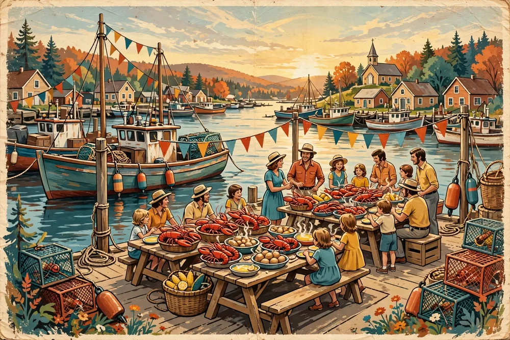 Illustration of a July lobster festival on a Shediac wharf, with bunting, fishing boats, and families at long tables of lobster