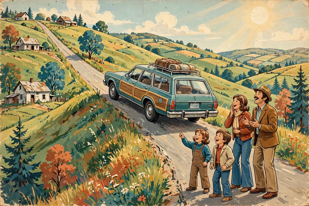 Illustration of a station wagon rolling uphill on a rural road at Moncton's Magnetic Hill while a family watches in delight