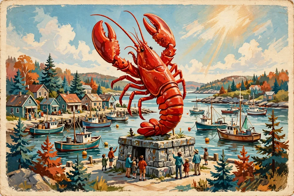 Illustration of Shediac's giant red lobster statue on its pedestal above the harbour, with fishing boats and tiny visitors below